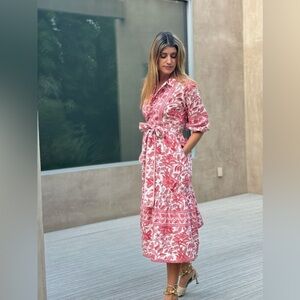 Pink Block Print Cotton Floral Button-Front Midi Dress with Tie Waist